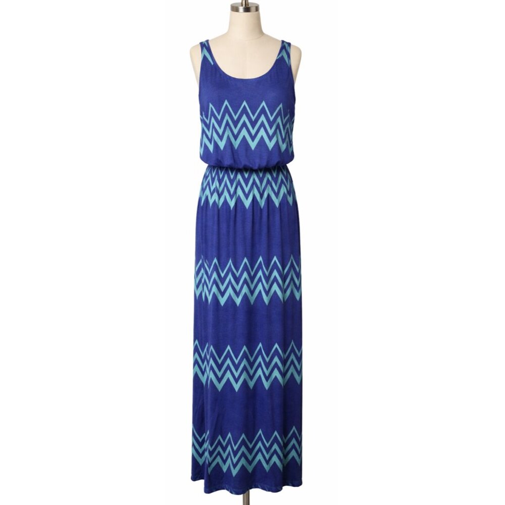 Pixley BOHO‎ Maxi Dress Womens Medium Blue Chevron Sleeveless Vacation Casual
